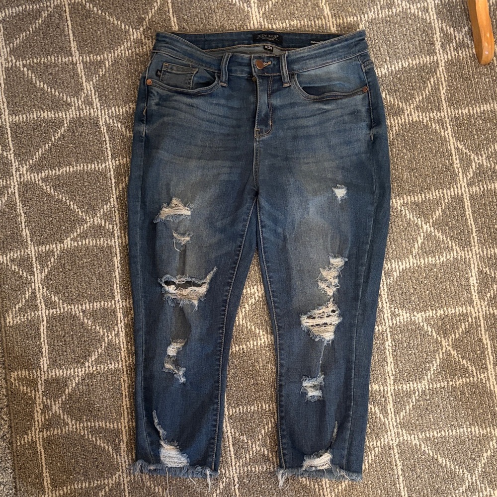 Judy Blue Distressed Ankle Jeans - Dark Blue